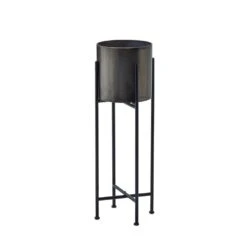 HI Gun Metal Grey Cylindrical Planter On Black Frame